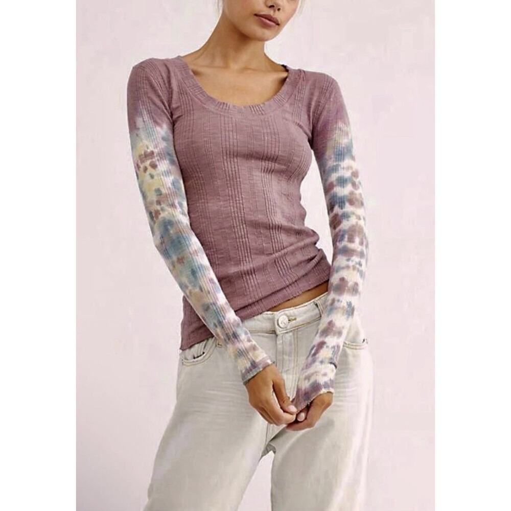Free People We The Free Big Sur T-Shirt Womens Large Mauve Tie Dye Sleeves Boho